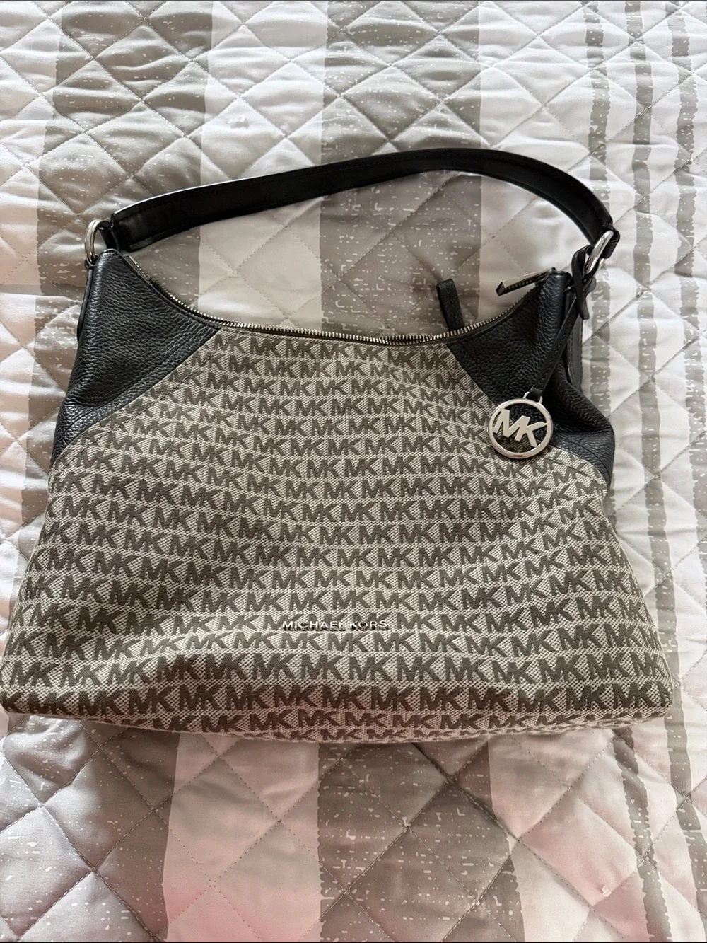 Michael Kors Gray and Black MK Signature Shoulder Hobo